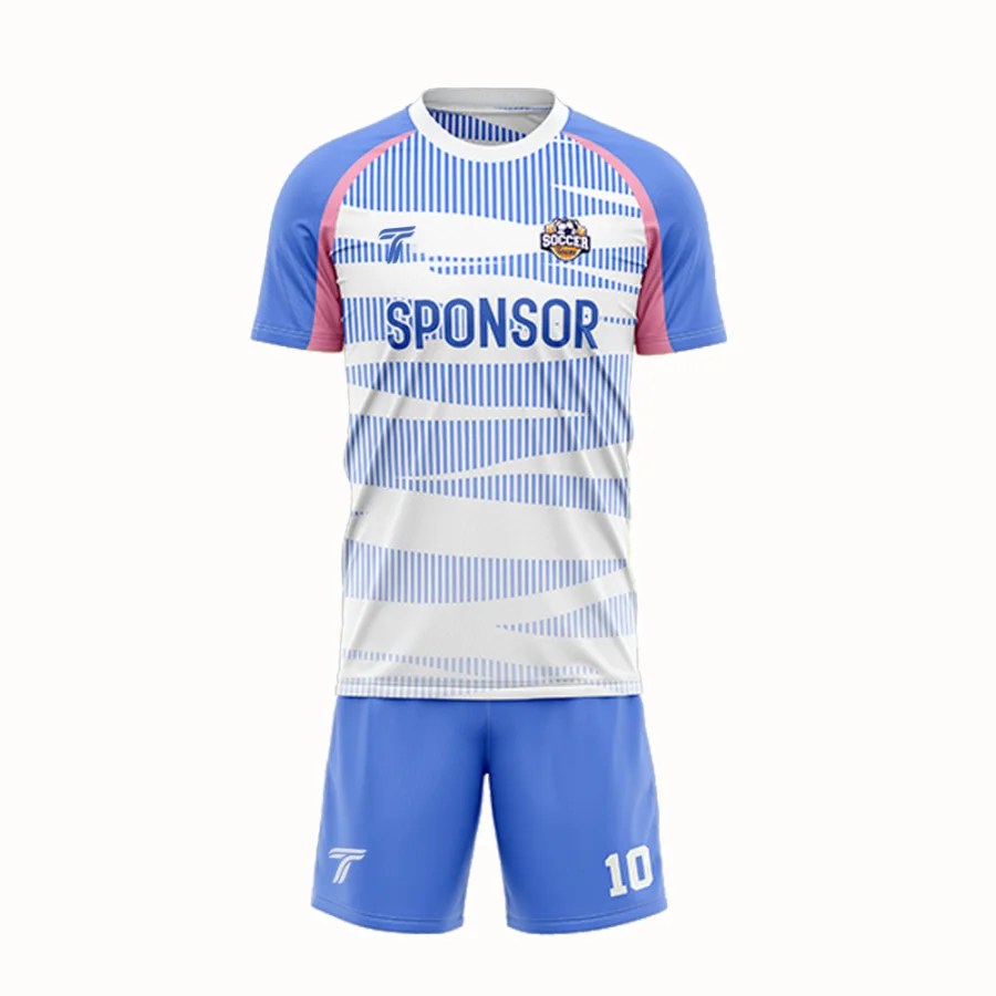 TONTON-Blau-Weiß-gestreutes Fußball-Outfit – vollständig sublimationsbedruckte Leistungs-Kampfkleidung