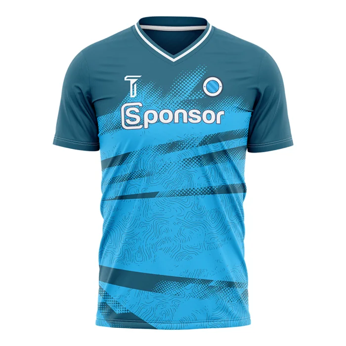 Front view of tonton custom teal and blue training top with artistic brush stroke patterns and sponsor logo.