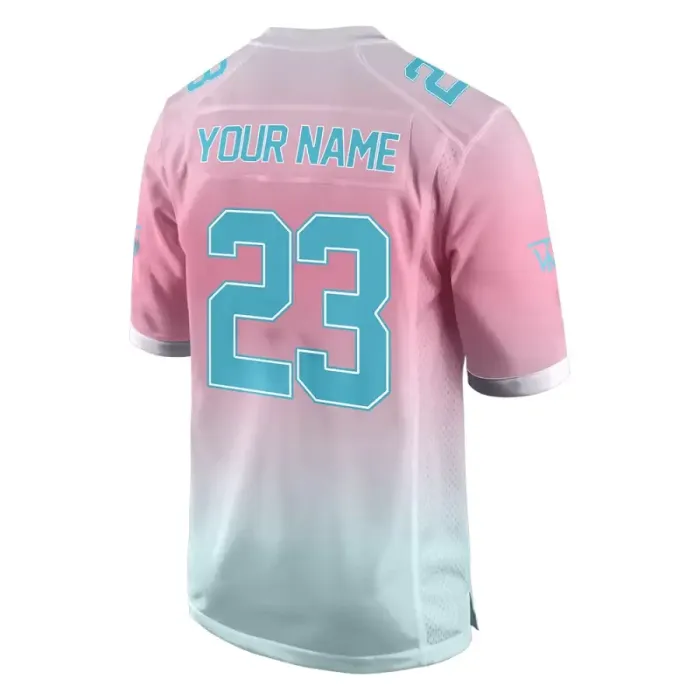 Back view of tonton pink and mint green gradient football fan shirt featuring "YOUR NAME" and teal number 23.