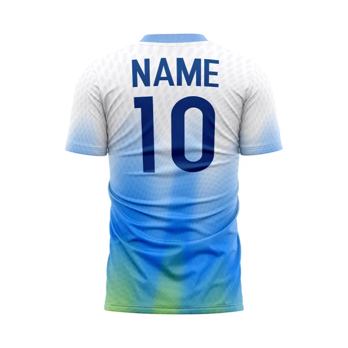 Back view of tonton custom blue gradient football practice shirt with name and number 10.