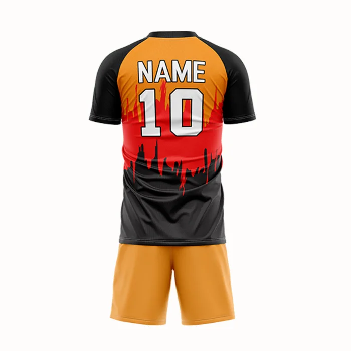 Back view of tonton custom orange/red football kit featuring a flame pattern, player name, and number 10.