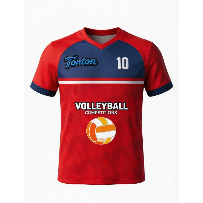 Front view of tonton red and navy custom volleyball training top with white horizontal stripe and number 10.