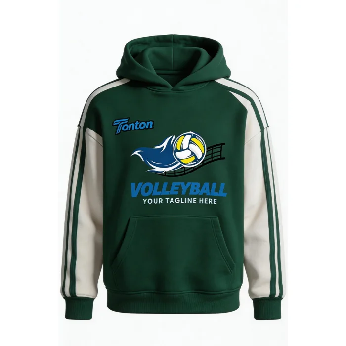 Front view of tonton athletic green and white performance hoodie with a blue volleyball graphic and raglan sleeves.