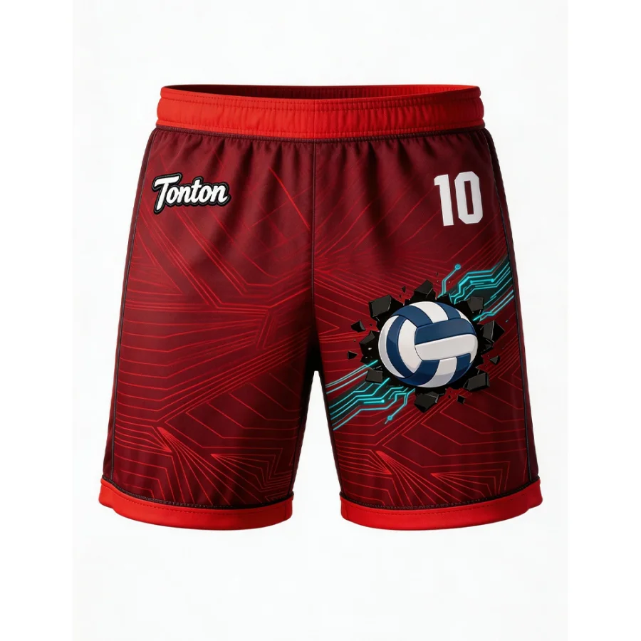 Tonton Crimson Red Graphic Volleyball Shorts - Customizable Logo Loose Fit Performance Wear