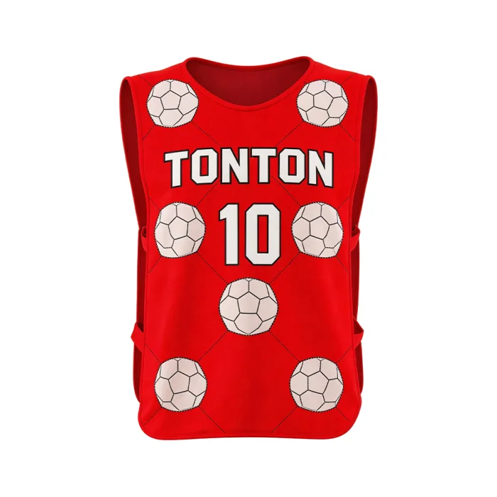 Front view of tonton red soccer training bib featuring white soccer ball patterns and number 10.