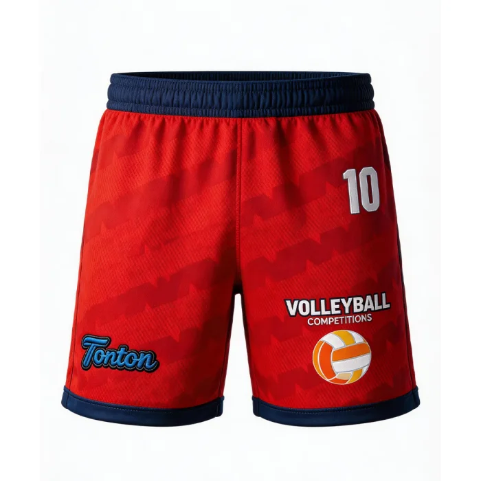 tonton vibrant red volleyball shorts with a subtle camo texture, navy blue hem, and white volleyball graphic.