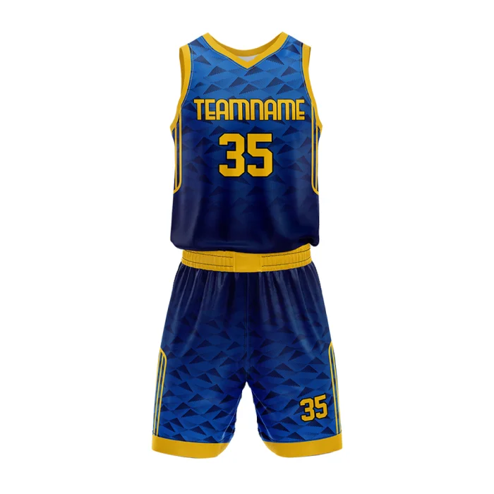 Front view of tonton custom basketball uniform in blue and gold featuring a geometric triangular pattern and number 35.