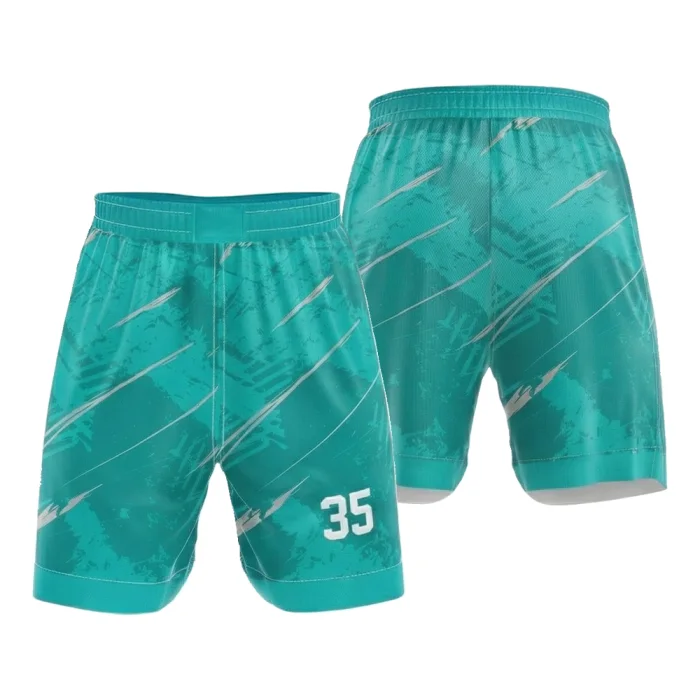 Front view and back view of tonton professional teal basketball shorts with dynamic grey slash graphics and white number 35.