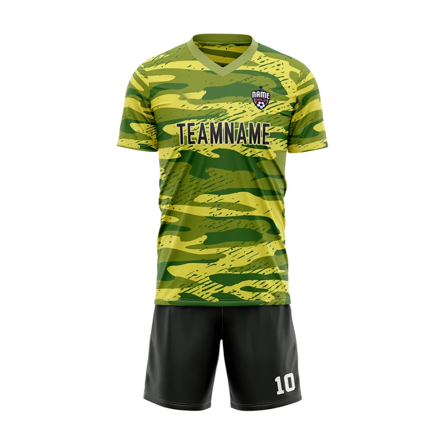 TONTON-Gelb-Camo-Fußball-Outfit – individuell gestaltbares Logo, leichtes, atmungsaktives Mesh-Set