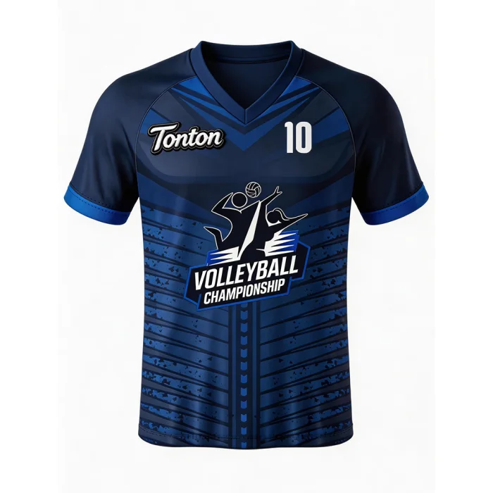 Front of tonton navy blue volleyball training shirt with white number 10 and geometric pattern.