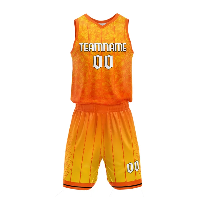 Front view of tonton vibrant orange and yellow basketball uniform featuring a sunburst texture and number 00.
