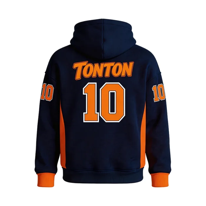 Back view of tonton custom navy football warm-up featuring bold orange tonton logo and player number 10.