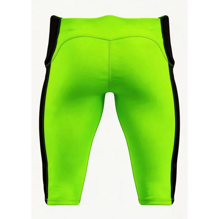 Back view of tonton custom neon green football game pants with black side stripes and athletic fit.