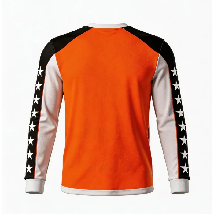 Back view of tonton custom orange and black athletic top with professional star sleeve graphics and raglan cut.