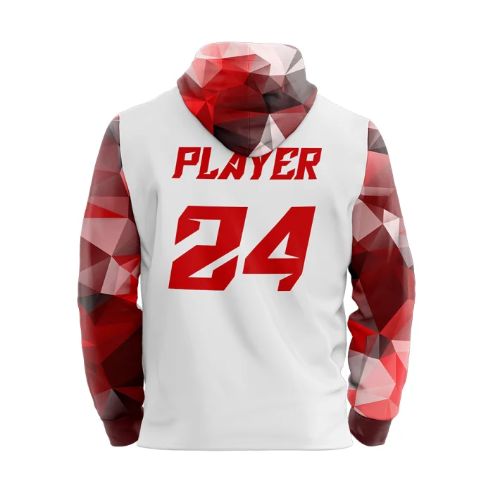 Back view of tonton custom white warm-up top by tonton with red "PLAYER 24" back print and geometric sleeve detail.