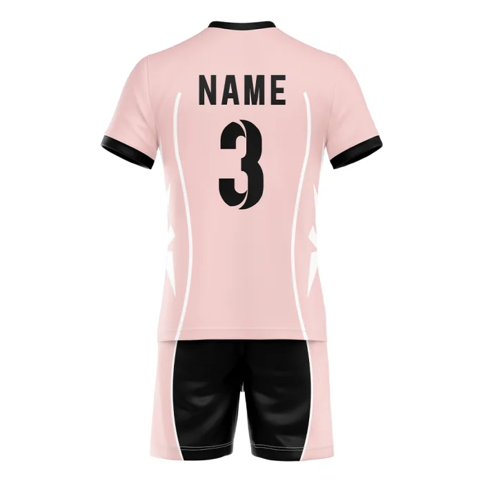 Back of tonton pink volleyball uniform featuring black "NAME 3" and matching black shorts.