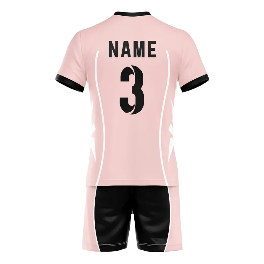 Back of tonton pink volleyball uniform featuring black "NAME 3" and matching black shorts.