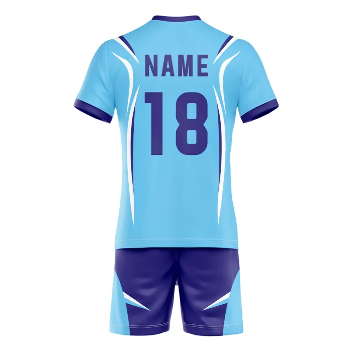 Back view of tonton sky blue and purple volleyball kit featuring "NAME 18" and stylized linear art.