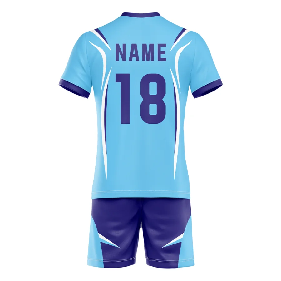 Back view of tonton sky blue and purple volleyball kit featuring "NAME 18" and stylized linear art.