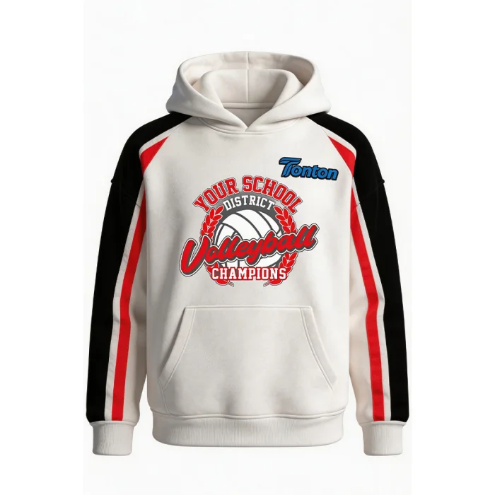 Front view of tonton custom white and red basketball-style warm-up hoodie with a large team emblem and racing stripes.