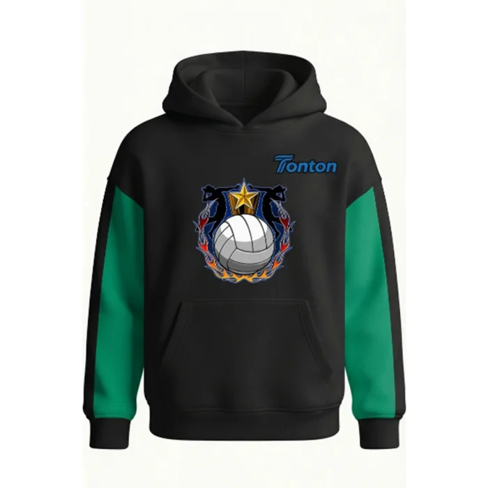 Front view of tonton technical black hoodie with green sleeves and a detailed competition-style volleyball logo.