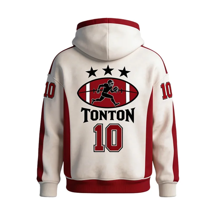 Back view of tonton custom white and maroon warm-up top featuring tonton branding and number 10.