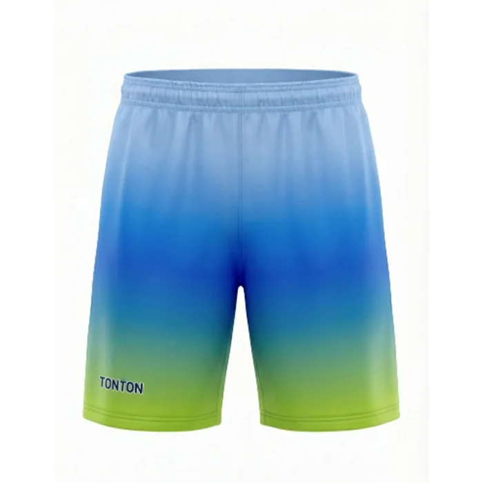 Front view of tonton custom soccer shorts featuring a vibrant sky blue to lime green gradient design.