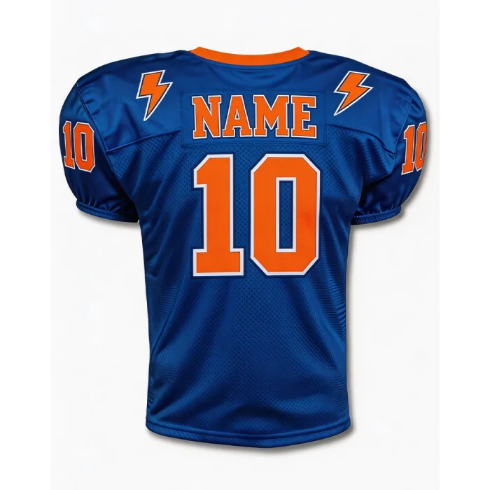 Back view of tonton custom blue and orange football practice top with player name and bold number 10.