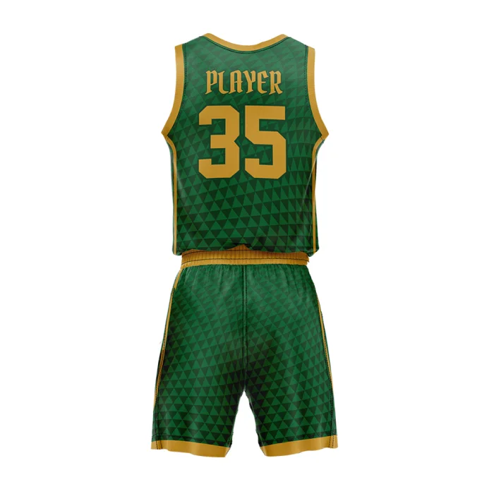 Back view of tonton custom green and gold basketball game set with triangle pattern fabric, player name, and number 35.