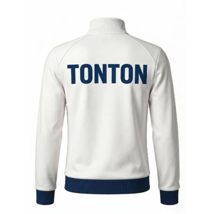 Back view of tonton cream athletic jacket featuring large navy "TONTON" text and stand-up collar.