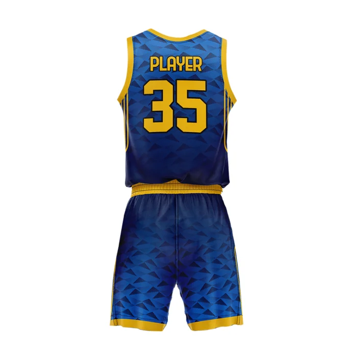 Back view of tonton blue and gold basketball jersey and shorts with player name, number 35, and yellow trim.