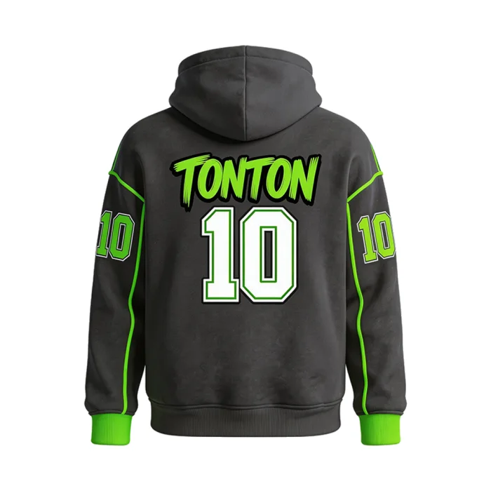 Back view of tonton custom charcoal football warm-up featuring neon green tonton branding and number 10.