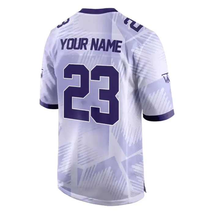 Back view of tonton custom light purple fan wear featuring "YOUR NAME", number 23, and purple geometric graphics.