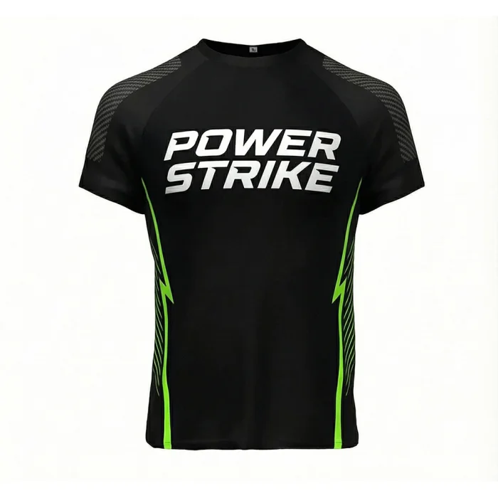 tonton black custom boxing jersey front view with Power Strike text and neon green side stripes