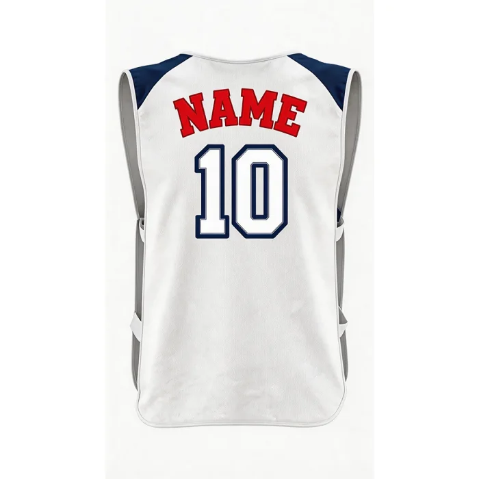 Back view of tonton custom white soccer vest with navy accents, red name, and number 10.