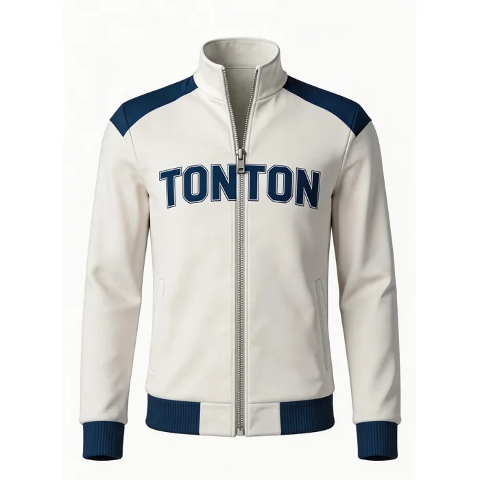 Front view of tonton white soccer jacket with navy blue raglan shoulder panels and central logo.