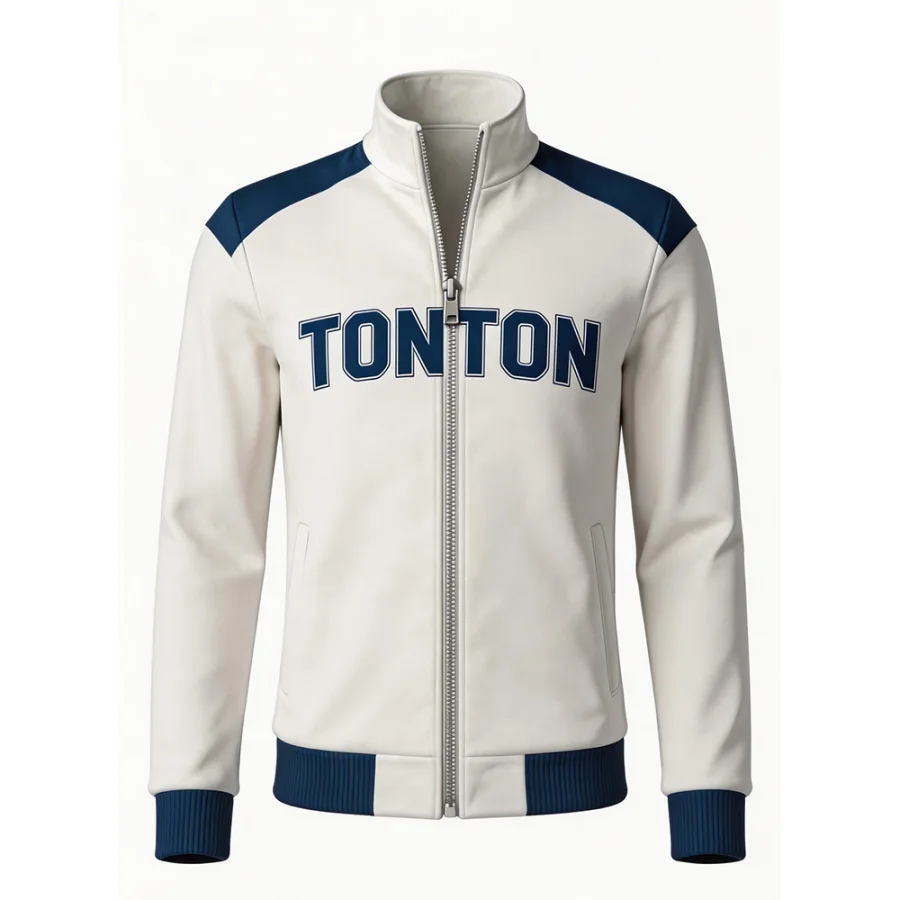 TONTON-Trainingsjacke in Weiß und Marineblau mit Kontrastdetails – vollständig sublimationsbedrucktes, individuell gestaltbares Logo-Oberteil