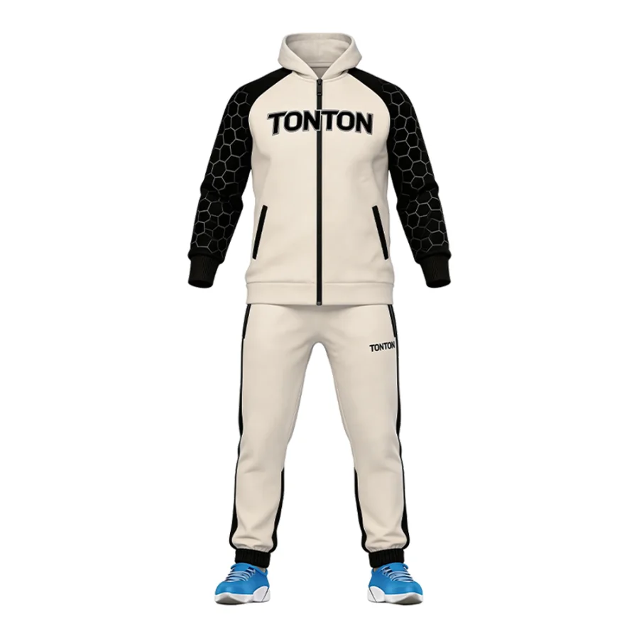 TONTON-Cream-Sportanzug mit Fußballmotiv und Sechseck-Muster – individuell gestaltbares Logo, atmungsaktive Trainingsausrüstung