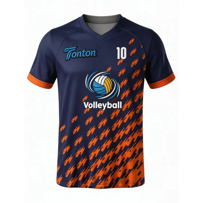 tonton dark blue and orange volleyball jersey with diagonal striped pattern and team logo.