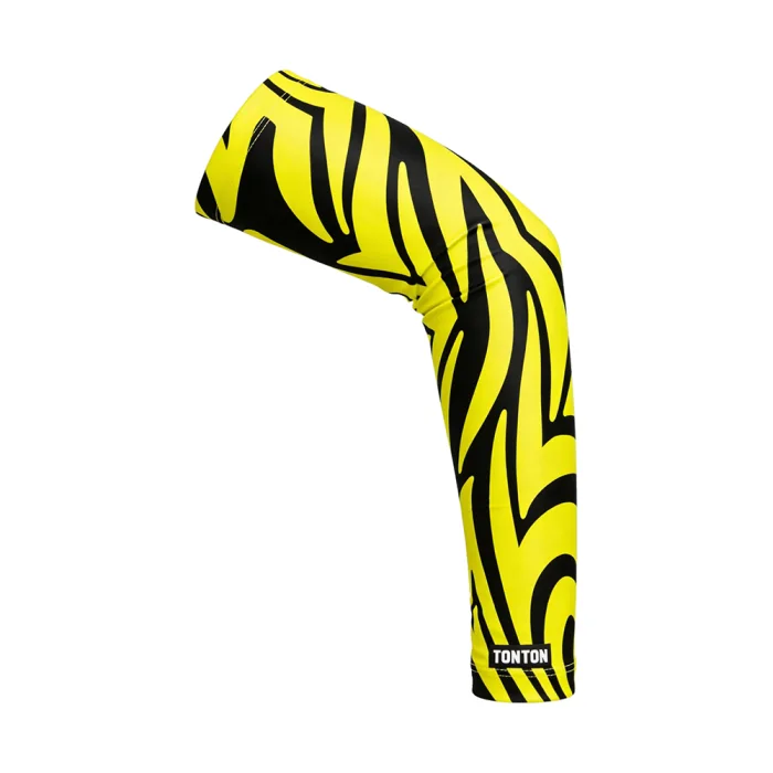 tonton vibrant yellow volleyball compression sleeve featuring a bold black flame-style tiger stripe design and brand detailing.