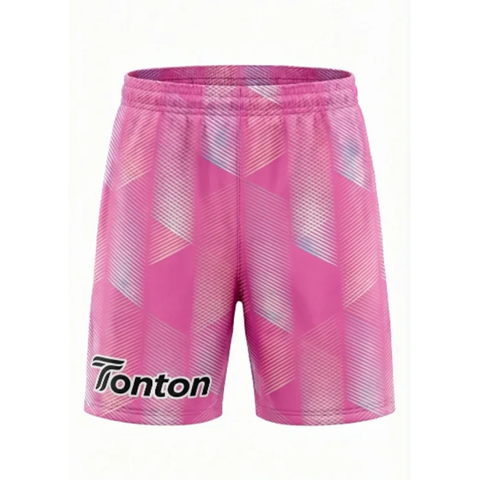 Front view of tonton pink soccer shorts with an abstract geometric pattern and professional athletic fit.