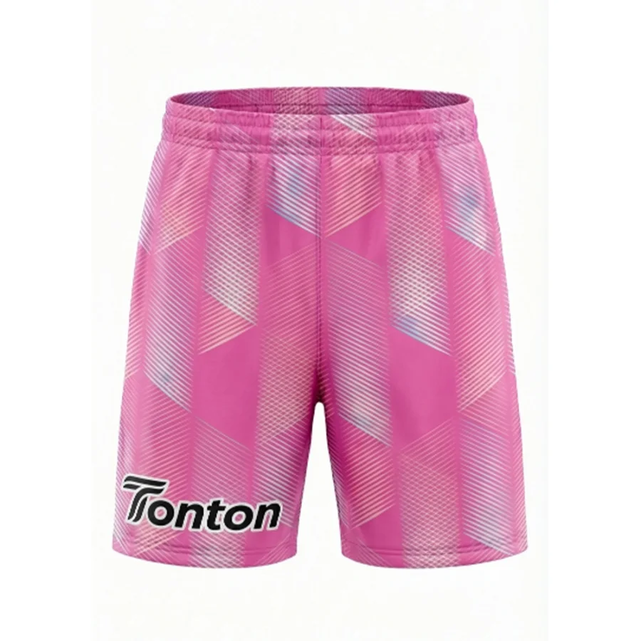 TONTON-Pinkfarbene Fußballshorts mit geometrischem Muster – individuell gestaltbares Logo, atmungsaktives Mesh-Material für Mannschaftsausrüstung