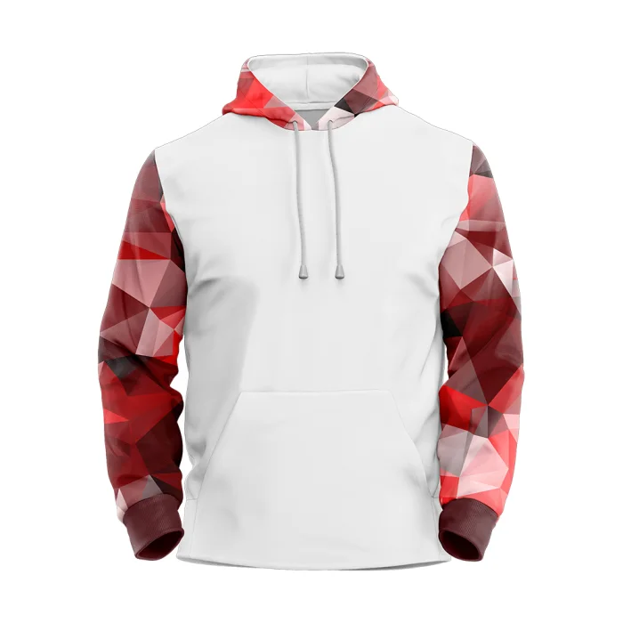 Front view of tonton professional white basketball hoodie featuring vibrant red geometric polygon pattern sleeves and hood.