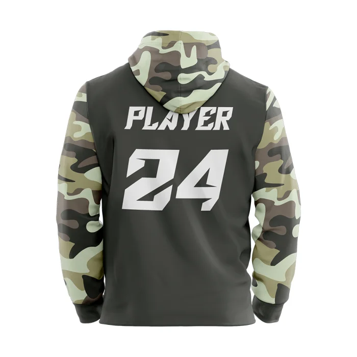 Back view of tonton grey and camo warm-up hoodie with "PLAYER 24" printed in bold white athletic font.