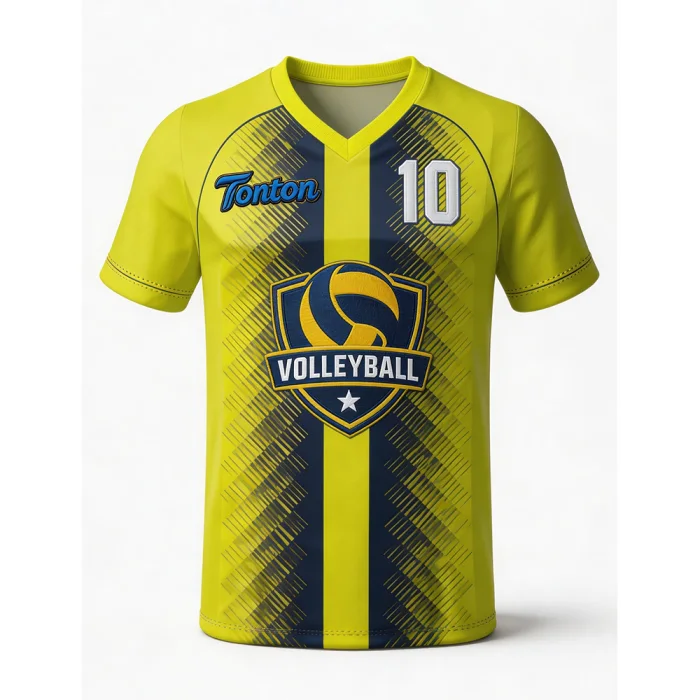 tonton bright yellow volleyball training shirt with blue central stripe and volleyball emblem.