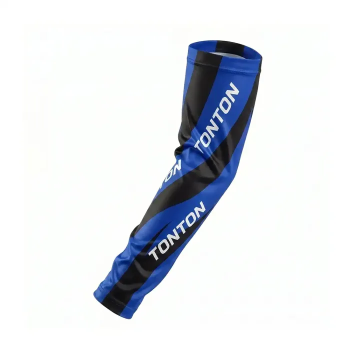 tonton athletic basketball arm sleeve with a dynamic blue and black diagonal stripe design and white logo accents.