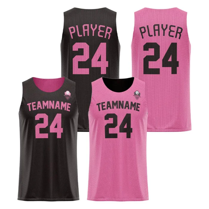 Front view and back view of tonton reversible basketball jersey in black and pink, featuring all-over mesh texture and horizontal pinstripe patterns with number 24.