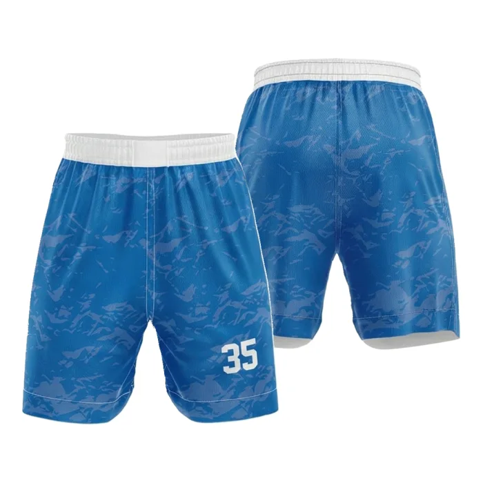 Front view and back view of tonton sky blue basketball shorts with a subtle marble texture, white elastic waist, and number 35.