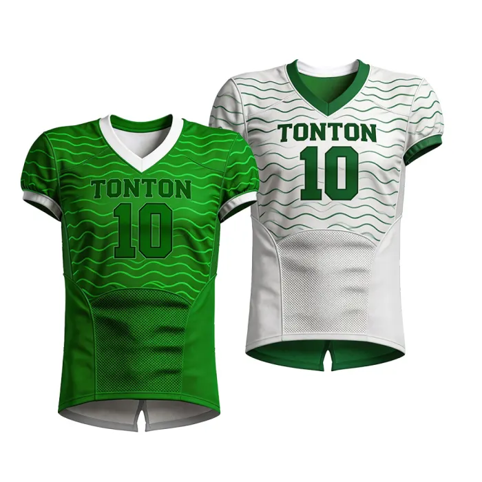 Front view of tonton reversible American football jerseys in green and white with subtle wavy line textures and number 10.
