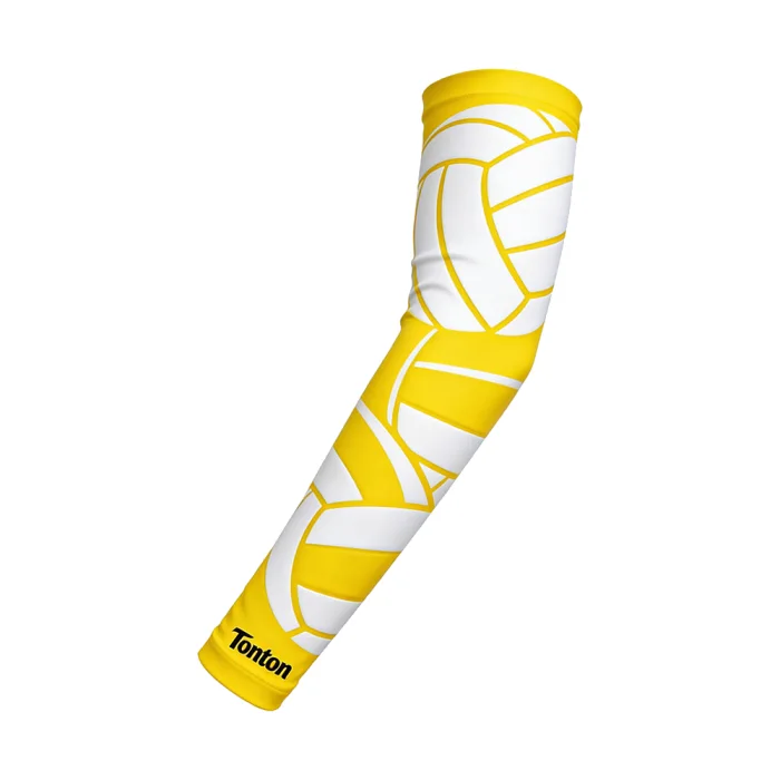 tonton custom volleyball sleeve in bright yellow and white featuring a large-scale volleyball line art design and high-quality branding.